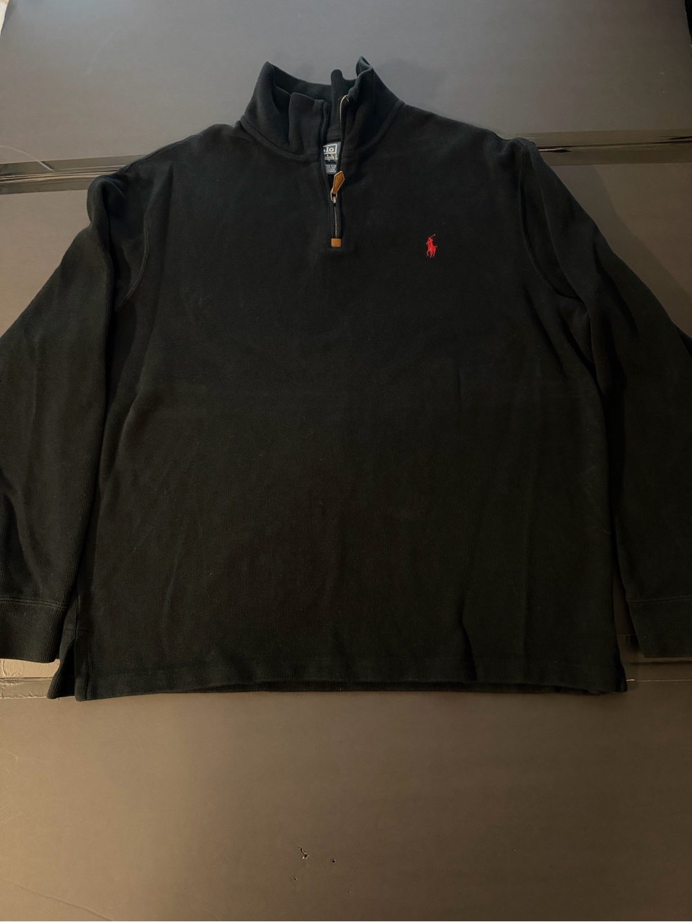 Polo Ralph Lauren Mens XL Black Waffle Knit 1/4 Zip Pullover Red Pony Logo
